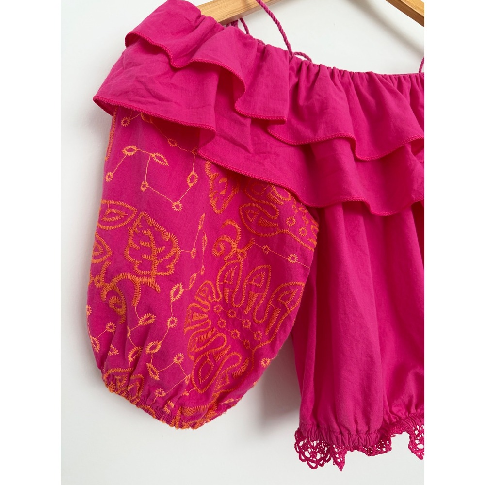 Urban Spirit Rulys Magenta Pink Off The Shoulder Embroidered Tassel Crop Top - Picture 5 of 9